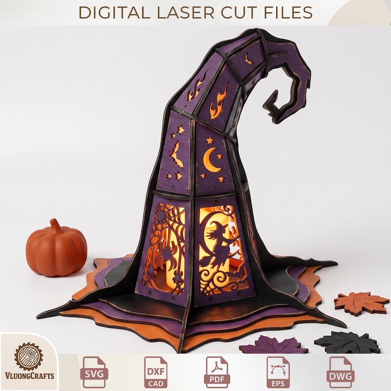 May include: A purple and black laser-cut wooden witch hat lantern featuring cutouts of a witch on a broom, bats, stars, moons, and spiderwebs. The text DIGITAL LASER CUT FILES is at the top. Includes a small orange pumpkin and leaf cutouts.
