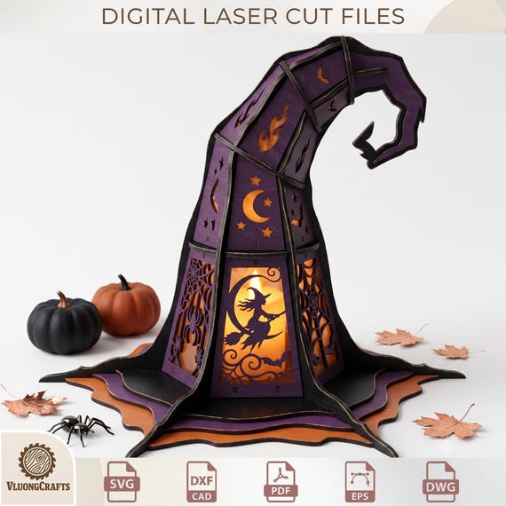 3D Witch Hat Lantern Laser Cut, Spooky Halloween Tealight Holder, Wood Centerpiece Template