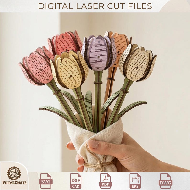 Wooden Flower Bouquet Laser Cut, 3D Floral SVG, Gift for Mother’s Day Plan image 7