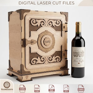 Caja de vino vintage cortada con láser, plantilla de caja fuerte de madera 3D, decoración del hogar, regalo para hombre