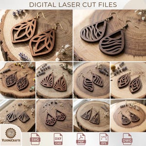 May include: A collection of digital laser cut files for wooden earrings, featuring various geometric and organic cutout patterns. The image displays multiple pairs of dark brown wooden teardrop and triangular earrings with metal hooks.