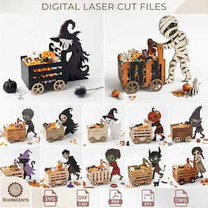 Puede incluir: Archivos digitales de corte láser para carritos de madera con temática de Halloween empujados por varios personajes, incluyendo una bruja, momia, fantasma, vampiro y duende. Los carritos están llenos de dulces y pequeñas decoraciones.