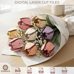 May include: A bouquet of laser-cut wooden tulips in various pastel colors, including pink, peach, yellow, and purple. The flowers are arranged with small white flowers and wrapped in a light-colored paper. The text "DIGITAL LASER CUT FILES" is at the top.