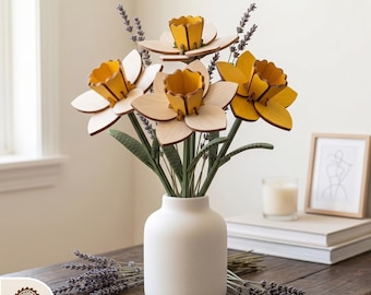 3D Laser Cut Daffodil Bouquet, Wooden Spring Flowers Template, Floral Decor