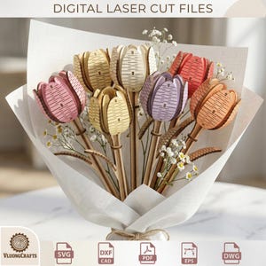 May include: A bouquet of laser-cut wooden tulips in various colors, including pink, yellow, orange, and purple, wrapped in white paper. The image includes the text "DIGITAL LASER CUT FILES" and the VluongCrafts logo.