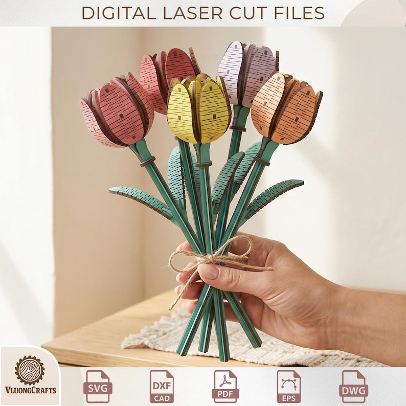 May include: A bouquet of laser-cut wooden tulips in various colors, including pink, yellow, and orange. The stems and leaves are green, and the bouquet is tied with twine. The text "DIGITAL LASER CUT FILES" is at the top.