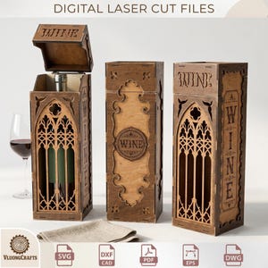 Puede incluir: Tres cajas de vino rectangulares de madera con patrones de arco gótico cortados con láser y la palabra WINE grabada en los lados. Una caja está abierta con una tapa abatible, revelando una botella. Texto DIGITAL LASER CUT FILES arriba.