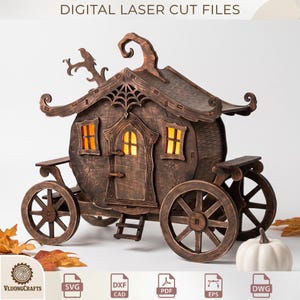 May include: A dark brown wooden laser-cut pumpkin carriage model with a curved roof, a central door, two windows, and four wheels. The structure features a spiderweb detail above the door and a small bird silhouette on a branch. Text reads DIGITAL LASER CUT FILES.