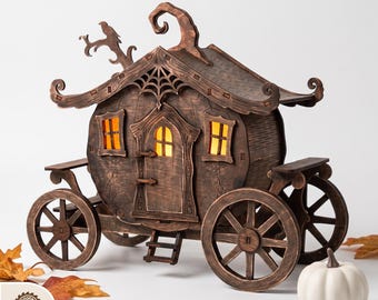 Décoration de table en bois : chariot citrouille d'Halloween 3D (SVG), wagon lanterne effrayant découpé au laser