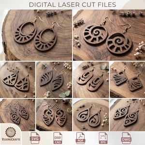 Abstract Boho Earring SVG Bundle, Tribal Wood Jewelry Laser Cut Files, Geometric Dangle Templates