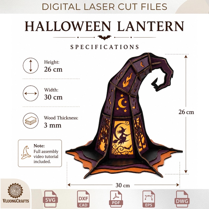 May include: A digital laser cut file for a Halloween lantern shaped like a witch hat. The design features cutouts of a witch on a broom, moons, stars, and spiderwebs. Specifications include a height of 26 cm, width of 30 cm, and 3 mm wood thickness.
