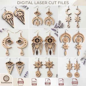 May include: A collection of nine pairs of laser-cut wooden earrings featuring celestial and mystical motifs such as crescent moons, stars, eyes, and hands. The designs include geometric shapes and intricate cutouts, all suspended from metal earring hooks.