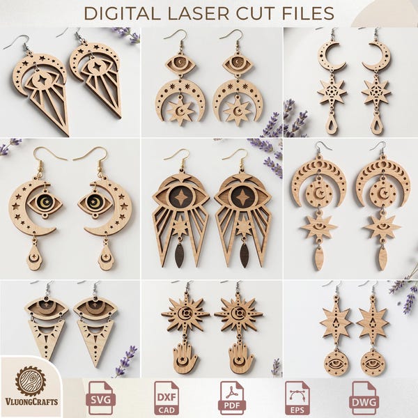 Celestial Earring Laser Cut Bundle, Boho Wood Jewelry Templates, Mystical Moon, Star & Evil Eye