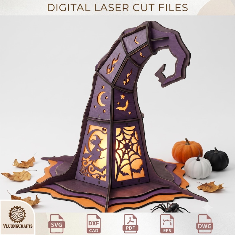 May include: A purple wooden witch hat lantern featuring laser-cut designs of a flying witch, spiderwebs, bats, moons, and stars. The structure is illuminated from within, casting a warm glow through the intricate cutouts on its panels.