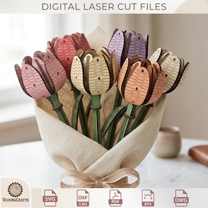 May include: A bouquet of laser-cut wooden tulips in various colors, including pink, red, yellow, orange, and purple. The flowers are arranged in a beige fabric wrap tied with twine. The text "DIGITAL LASER CUT FILES" is at the top.