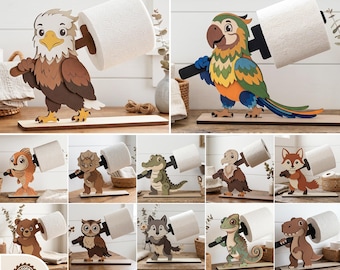 Paquete de archivos SVG para portarrollos de papel higiénico con forma de animales salvajes, decoración divertida para el baño, archivos Glowforge cortados con láser.