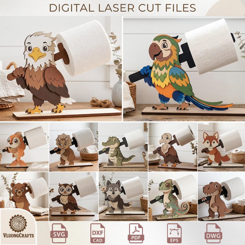 May include: Digital laser cut files for whimsical animal-themed toilet paper holders. Designs include an eagle, parrot, fish, dinosaur, alligator, fox, bear, owl, wolf, lizard, and T-Rex. Each holder is made of wood and holds a roll of toilet paper.