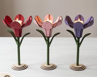 3D Flower Wooden Candle Holder Laser Cut, Tealight Stand SVG, Home Decor Template
