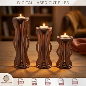 Juego de archivos SVG de portavelas de madera cortados con láser, diseño de soporte para velas pequeñas (descarga digital)