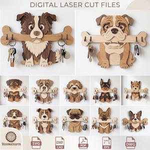 Paquete de archivos SVG de llavero 3D para perros cortados con láser, colgador de correa para mascotas de madera en capas, diseño Petlover Glowforge.