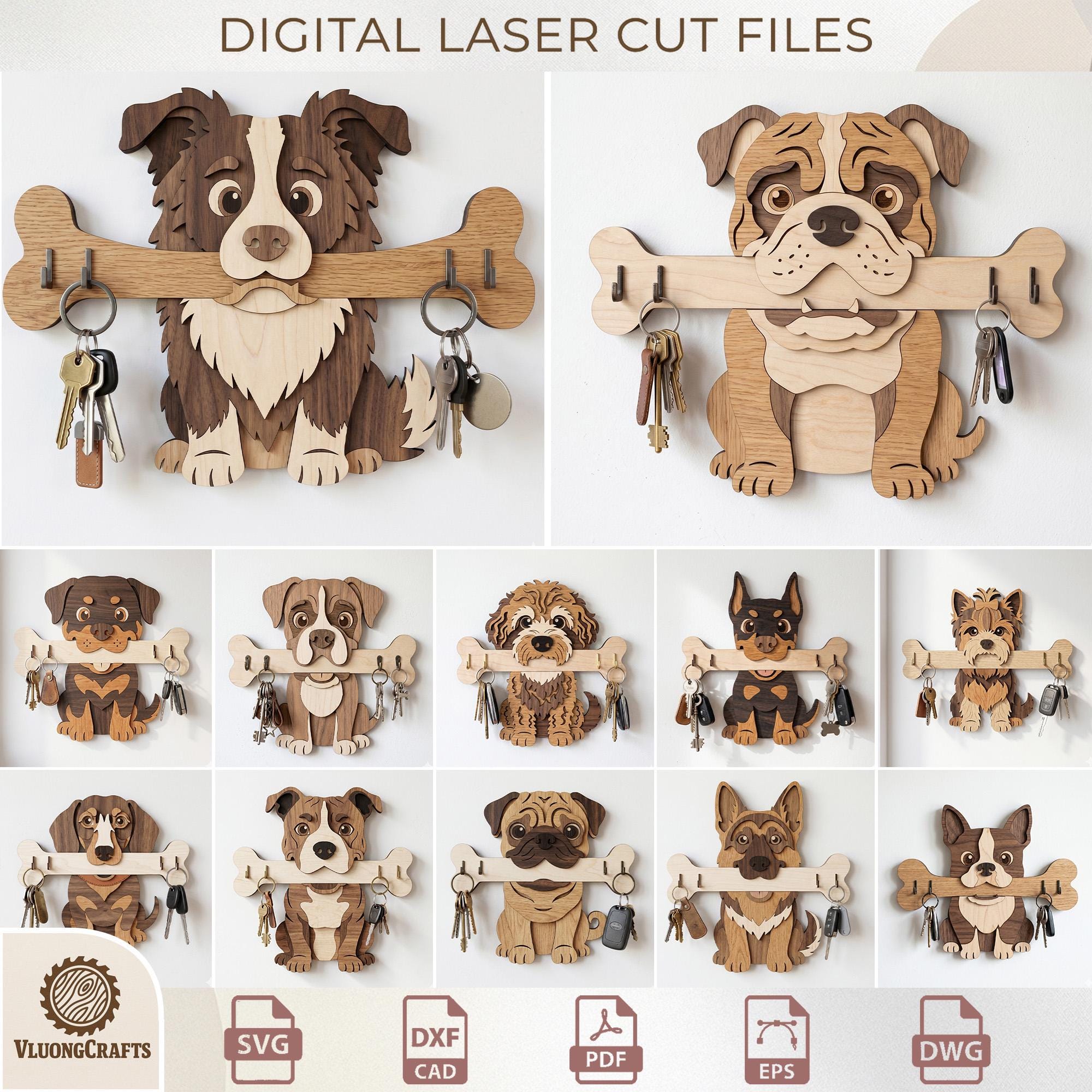 3D Dog Key Holder Laser Cut SVG Bundle, Layered Wood Pet Leash