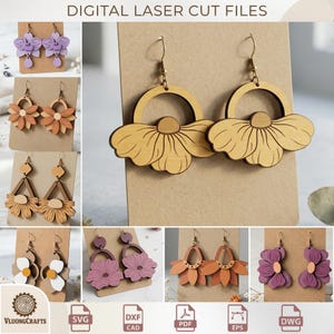 Puede incluir: Archivos de corte láser digital para pendientes de madera. La imagen muestra varios pares de pendientes con diseños florales y geométricos. Los colores incluyen marrón claro, naranja, morado y blanco. Los pendientes se exhiben en tarjetas marrones. El texto "VluongCrafts" es visible.