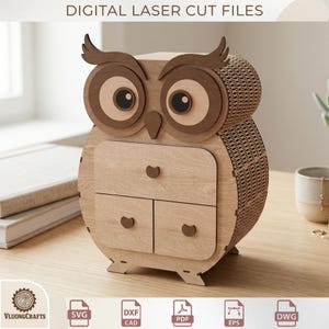 May include: A wooden owl-shaped storage box with three drawers and a detailed design. The box is made of light brown wood with darker brown accents and the text "DIGITAL LASER CUT FILES". The owl has large eyes and a textured body.