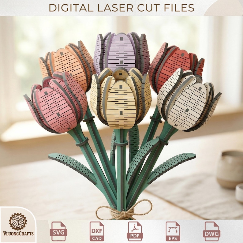 May include: A bouquet of laser-cut wooden tulips in various colors, including pink, orange, yellow, purple, and red. The stems and leaves are green, tied with twine. The text "DIGITAL LASER CUT FILES" is at the top.