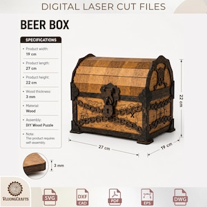 Op de afbeelding: Een digitaal lasersnijbestand voor een houten bierkist met een piratenkistontwerp, inclusief schedelmotief, kettingdetails en een kaartprint. De doos is 27 cm lang, 19 cm breed en 22 cm hoog, met een houtdikte van 3 mm.