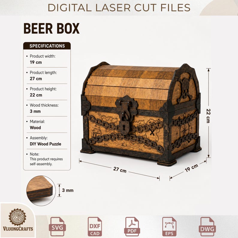 Op de afbeelding: Een digitaal lasersnijbestand voor een houten bierkist met een piratenkistontwerp, inclusief schedelmotief, kettingdetails en een kaartprint. De doos is 27 cm lang, 19 cm breed en 22 cm hoog, met een houtdikte van 3 mm.