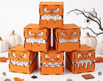 3D Wooden Monster Treat Boxes Laser Cut SVG Bundle, Pumpkin Block Template, Halloween Decor
