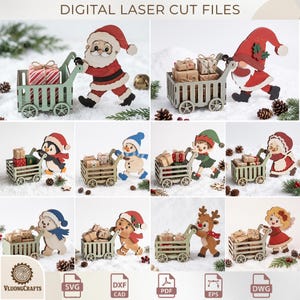 Op de afbeelding: Digitale lasersnijbestanden voor houten kerstornamenten met diverse figuren zoals de Kerstman, een kabouter, pinguïn, sneeuwpop, elf en rendier, die elk een klein karretje vol met ingepakte cadeautjes voortduwen.