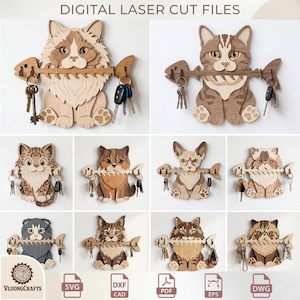 Cat Breed Key Holder Laser Cut Bundle, Wooden Entryway Wall Organizer, Petlover Wood Gift