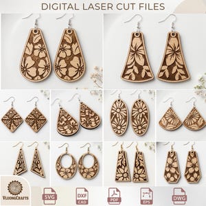 May include: A collection of digital laser cut files for wooden earrings featuring various floral patterns in teardrop, oval, triangular, and diamond shapes. The text DIGITAL LASER CUT FILES and VLUONGCRAFTS are visible along with SVG, DXF, PDF, EPS, and DWG icons.