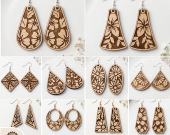 Floral Earring SVG Bundle, Wooden Jewelry Laser Cut Files, Botanical Teardrop & Geometric Earring Templates