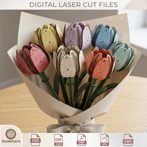 May include: A bouquet of laser-cut wooden tulips in various colors, including red, yellow, purple, and blue. The flowers are arranged in a paper wrap and tied with a ribbon. The text "DIGITAL LASER CUT FILES" is at the top.