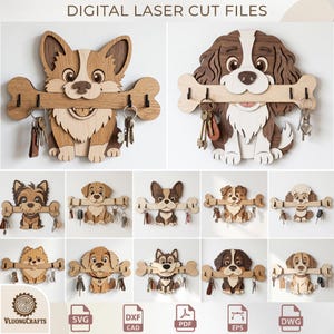 Könnte beinhalten: Holz-Schlüsselhalter mit verschiedenen Hunderassen, die jeweils einen knochenförmigen Schlüsselhalter halten. Die Schlüsselhalter sind lasergeschnitten und detailliert gestaltet. Das Bild enthält den Text "DIGITAL LASER CUT FILES".