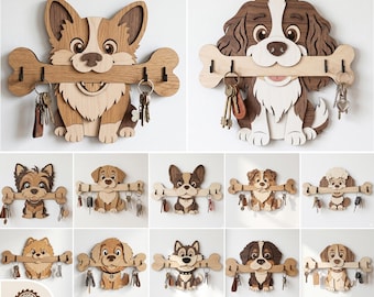 Dog Breed Key Holder Laser Cut Bundle, Wooden Entryway Wall Organizer, Petlover Wood Gift