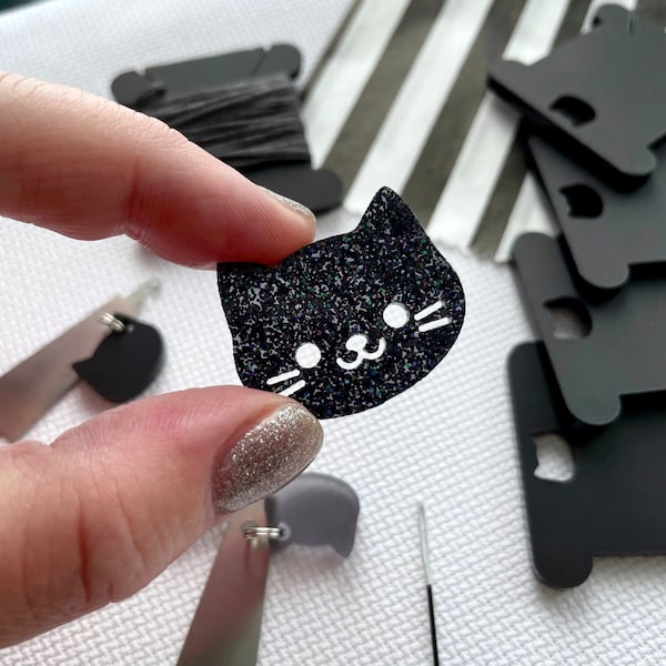 BLACK CAT acrylic thread organiser | needle minder | bobbin set for cross stitch, embroidery, needlepoint