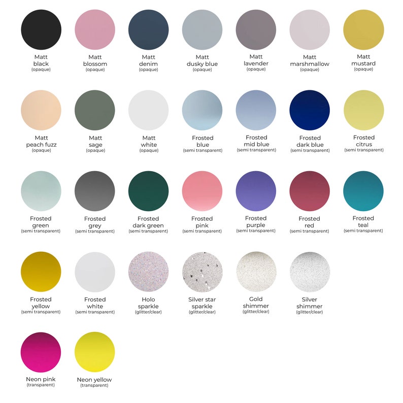 May include: A chart of 20 different colored circles, each with a name and description. The circles are arranged in a grid of four rows and five columns. The colors include black, blossom, denim, dusky blue, lavender, marshmallow, mustard, peach fuzz, sage, white, blue, mid blue, dark blue, citrus, green, grey, dark green, pink, purple, red, teal, yellow, white, holo sparkle, silver star sparkle, gold shimmer, silver shimmer, neon pink, and neon yellow.