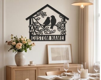 Letrero personalizado para casita de pájaros, arte de pared de metal personalizado con ramas, decoración de comedor inspirada en la naturaleza, placa de metal con nombre familiar.