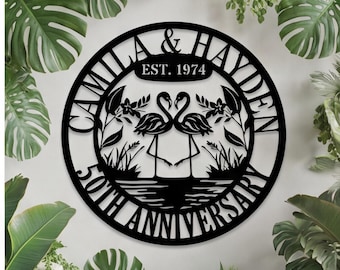 Decorazione in metallo personalizzata con fenicottero per l'anniversario, regalo per l'anniversario d'oro per la coppia, regalo romantico per i genitori, insegna in metallo unica per la coppia.