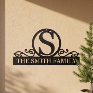 May include: Black metal family name sign with the letter "S" in a circle above the words "THE SMITH FAMILY". The sign has decorative scrollwork and is mounted on a beige wall. A small evergreen tree is in the background.