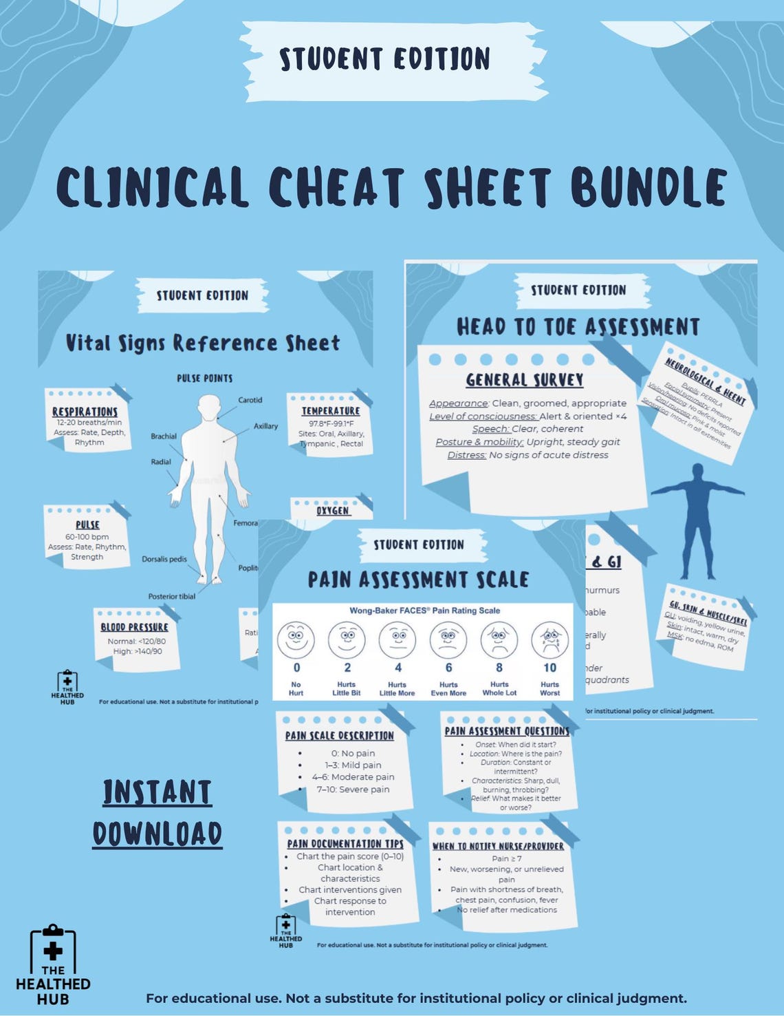 Nursing Student Clinical Cheat Sheet Bundle | Vital Signs, Pain ...