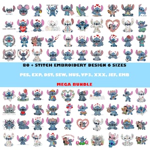 Könnte beinhalten: Eine Sammlung von über 80 Stitch-Stickmustern in verschiedenen Posen und Stilen. Die Designs zeigen Stitch mit Herzen, Blumen und Texten wie "Ohana" und "Love". Das Bild enthält auch den Text "MEGA BUNDLE" und Informationen zu Dateitypen.