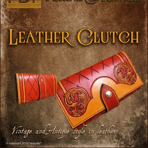 May include: Image of a leather clutch and a small matching wallet. The clutch is red and orange with decorative tooling and a snap closure. The text "LEATHER CLUTCH" is displayed. The image also includes the text "Vintage and Antique style in leather."