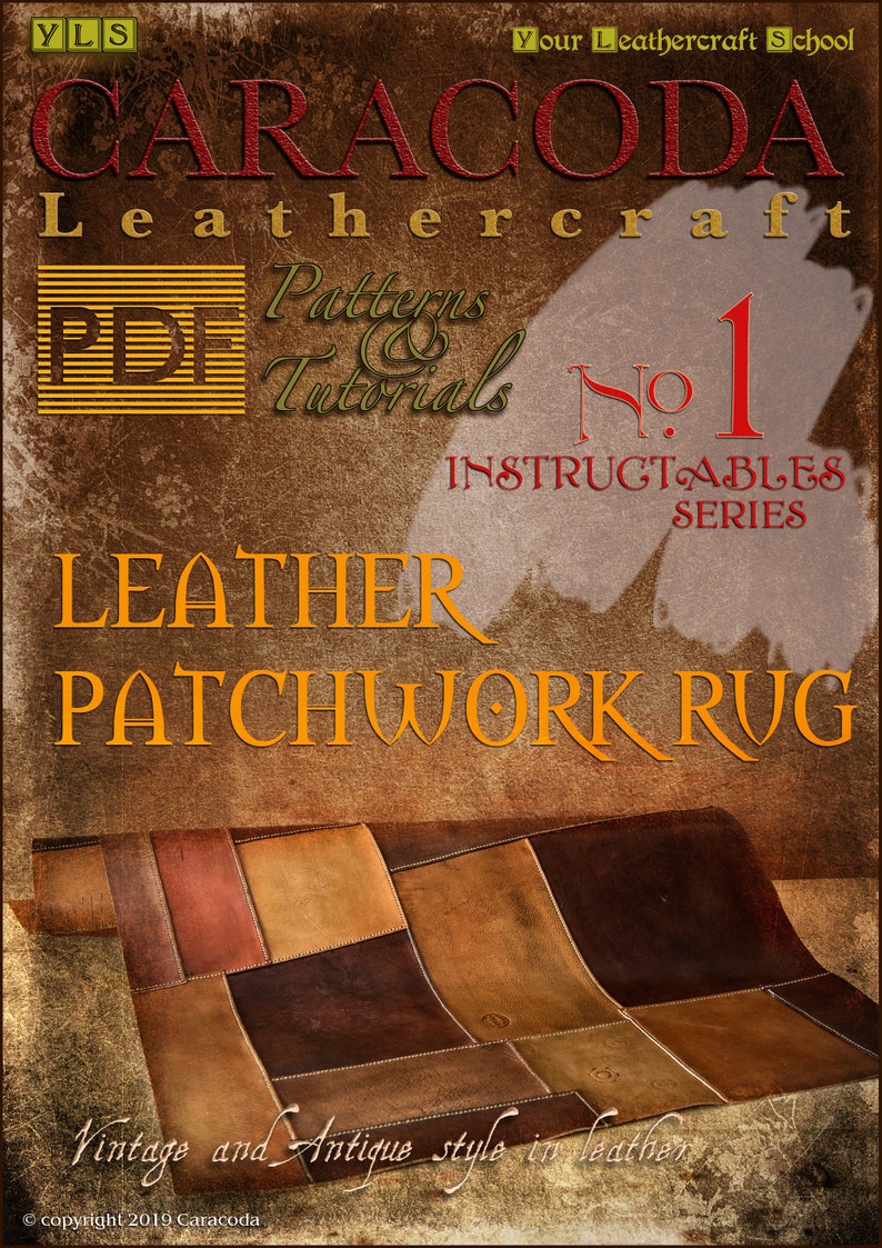 Peut inclure: Image d'un tapis patchwork en cuir de style vintage. Il est compos&eacute; de carr&eacute;s de cuir marron de diff&eacute;rentes teintes. Le texte "CARACODA Leathercraft" et "LEATHER PATCHWORK RUG" est &eacute;galement visible.
