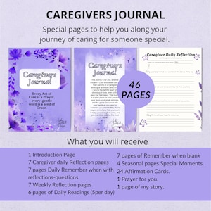 May include: A purple and white Caregivers Journal with 46 pages, designed to support caregivers. The journal includes daily reflection pages, weekly reflection pages, and affirmation cards. The cover features the text "Caregivers Journal".
