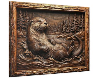 Loutre de rivière détendue | Toile mate pour sculpture sur bois en relief