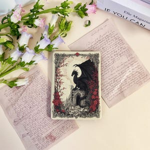 Pode incluir: Um diário retangular branco sujo com uma ilustração de um dragão negro, rodeado por rosas vermelhas e um arco gótico. O diário está sobre uma superfície clara com papéis e flores de estilo vintage.